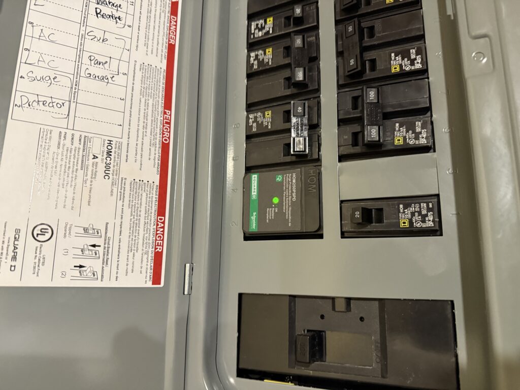 Residential electrical panel inspection showing Square D breakers and surge protection