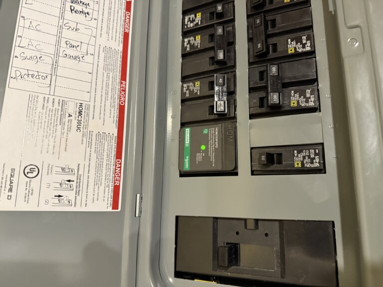 Residential electrical panel inspection showing Square D breakers and surge protection