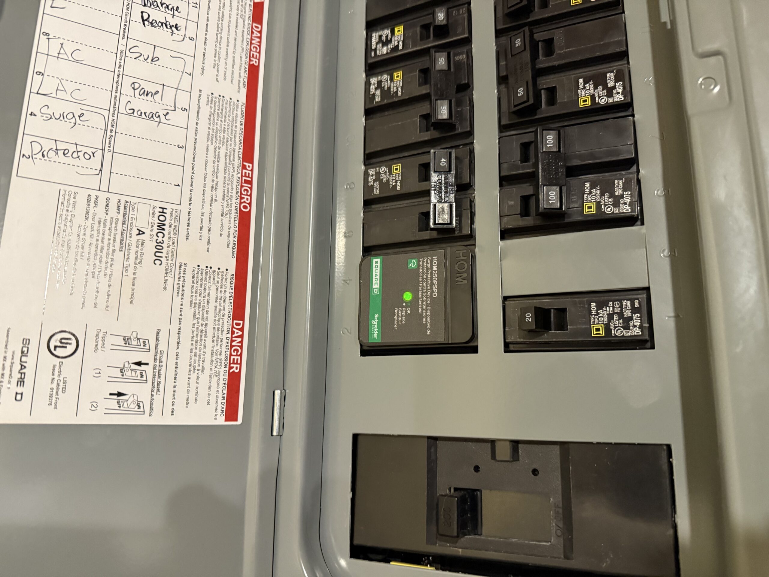 Residential electrical panel inspection showing Square D breakers and surge protection