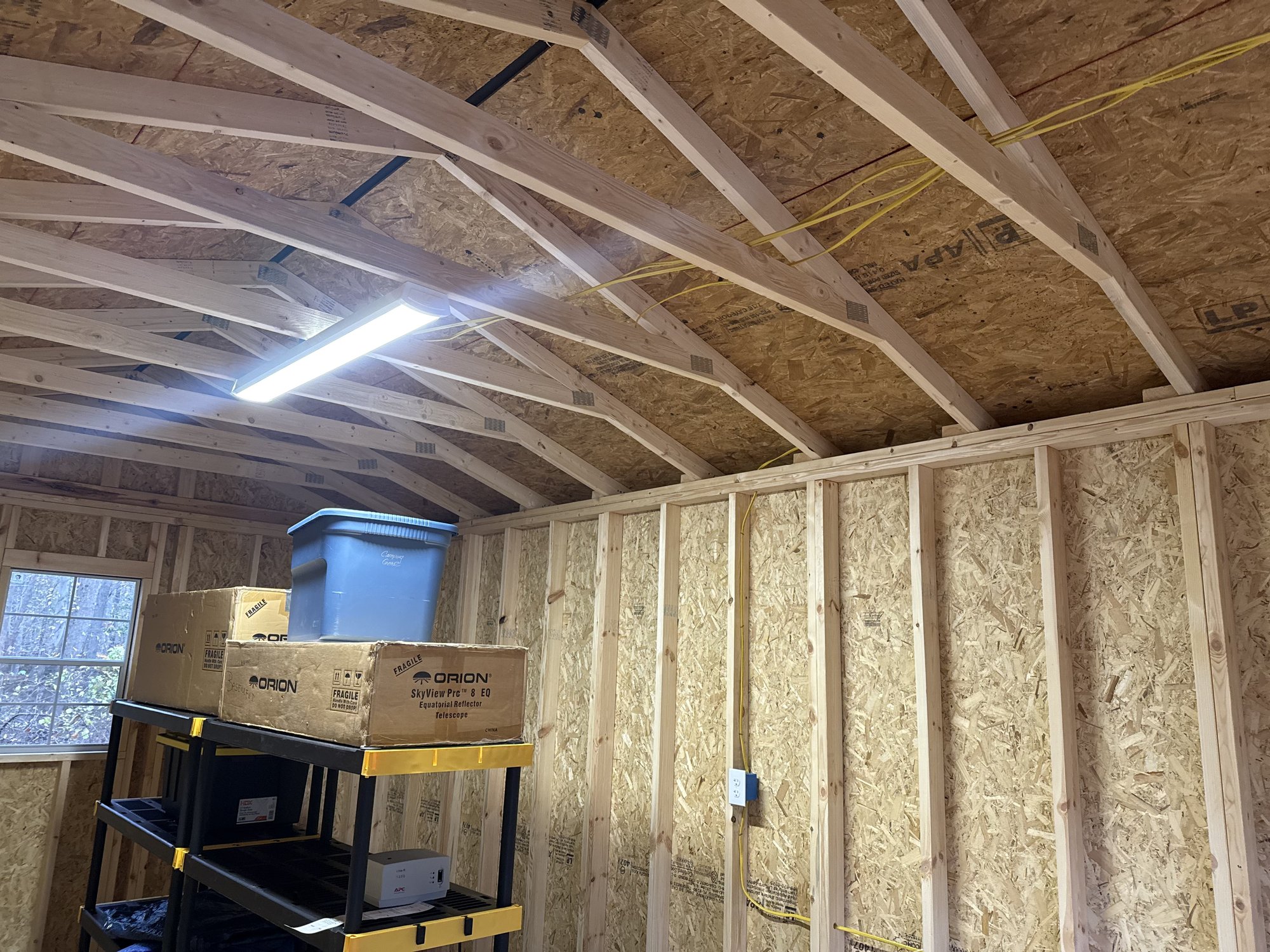 LED shop light and branch circuit wiring run along shed roof trusses