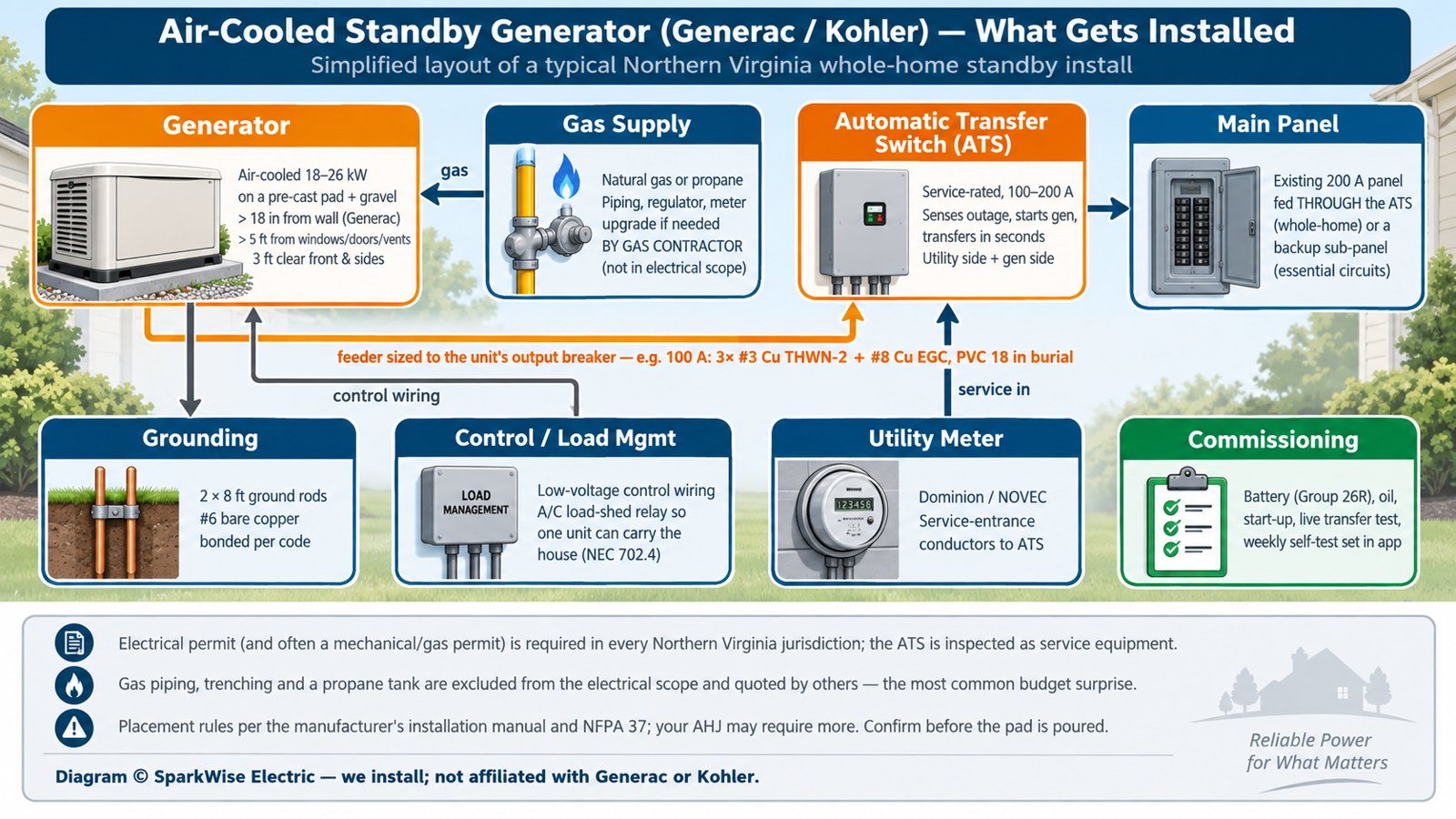 Illustrated layout of an air-cooled standby generator installation: generator on a pad with clearances, gas supply by others, automatic transfer switch, main panel, grounding, load management, utility meter and commissioning – SparkWise Electric